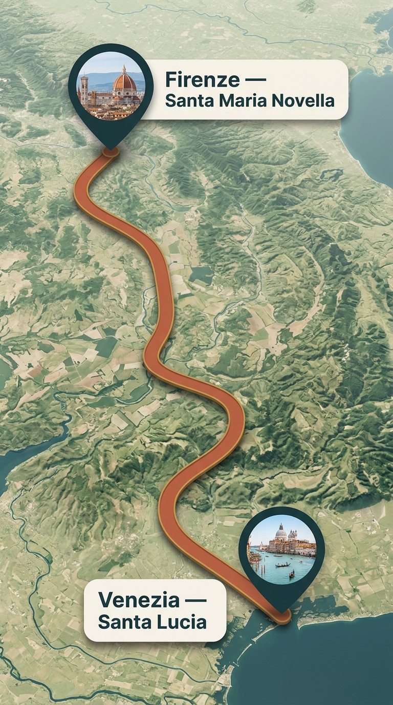 Illustrated map of the Florence to Venice train route, from Firenze Santa Maria Novella to Venezia Santa Lucia across Tuscany and the Veneto
