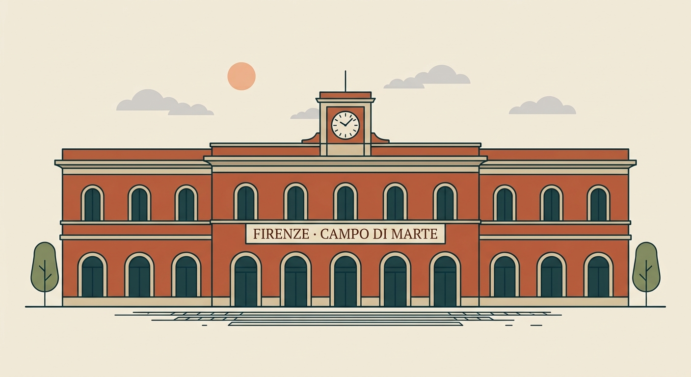 Illustration of Firenze Campo di Marte station facade with clock tower