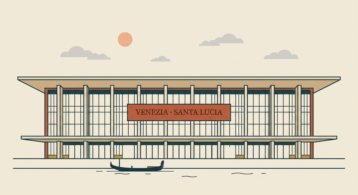Illustration of Venezia Santa Lucia station facade with a gondola on the canal